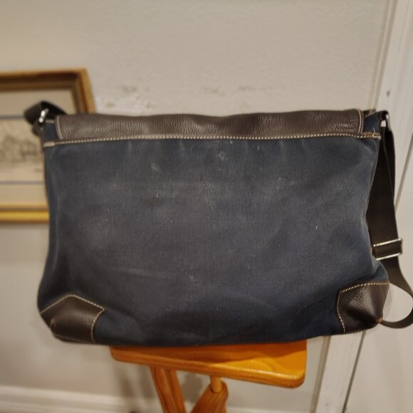 Lambertson Truex crossbody briefcase bag navy blue canvas or cotton and brown le - Picture 4 of 12